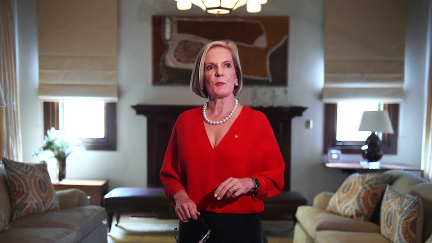 Lucy Turnbull stands in the newly renovated sitting room at The Lodge in Canberra.