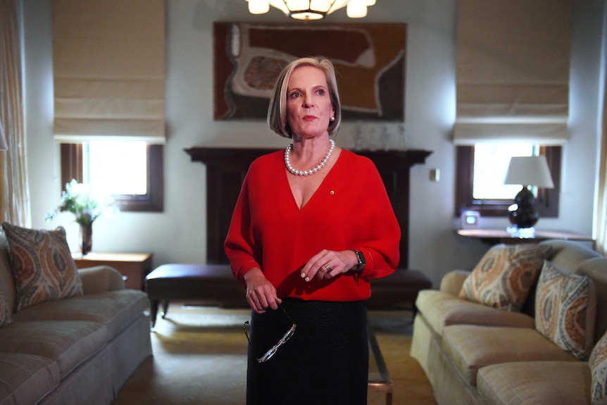 Lucy Turnbull stands in the newly renovated sitting room at The Lodge in Canberra.