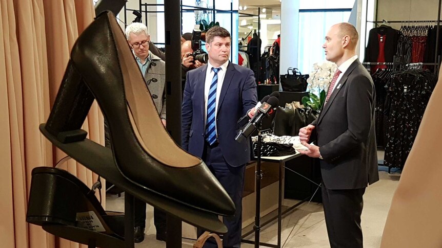 Myer chief executive Richard Umbers fronts the media in-store in Melbourne's CBD