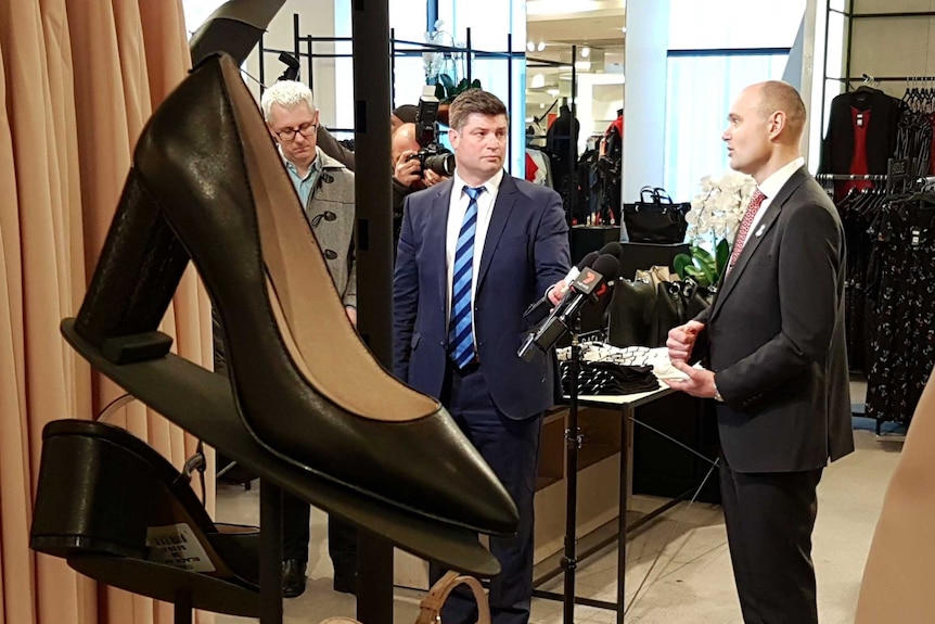 Myer chief executive Richard Umbers fronts the media in-store in Melbourne's CBD