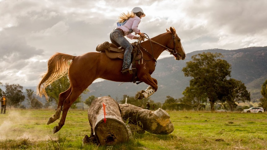 A horse and rider take a jump as part of competition