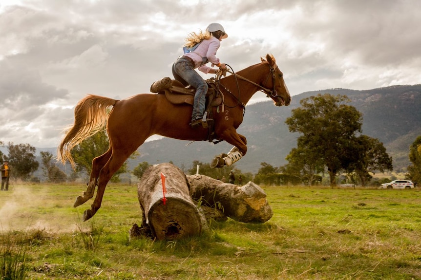 A horse and rider take a jump as part of competition
