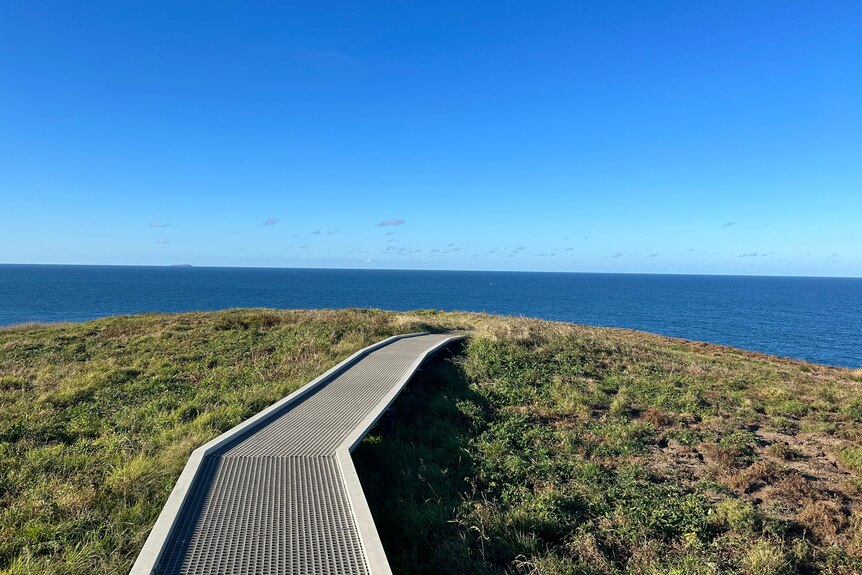 A board walk leads to a great expanse of blue sky on Muttonbird Island in Coffs Harbour