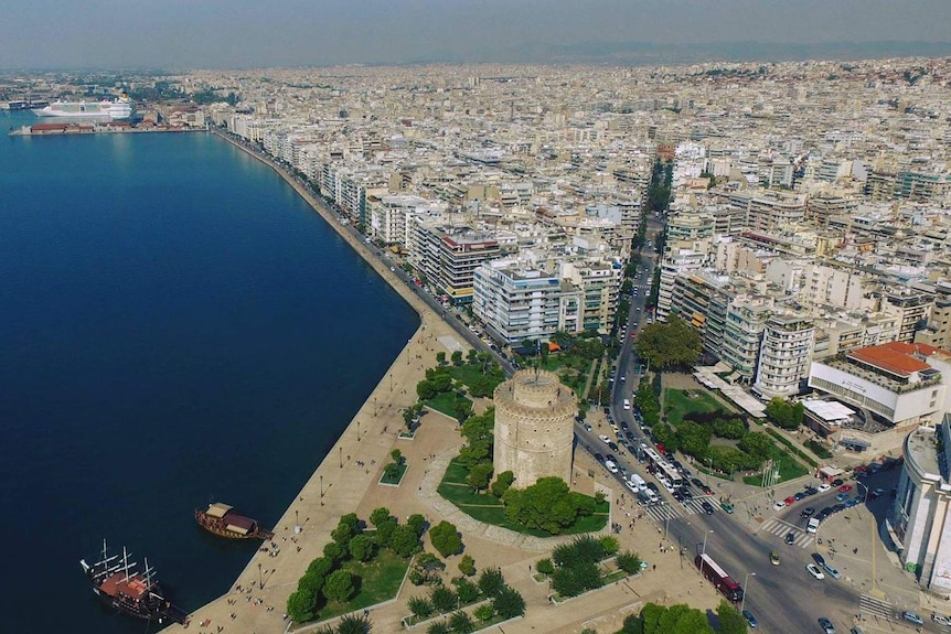 The city and waterfront precinct of Thessaloniki, seen from above.