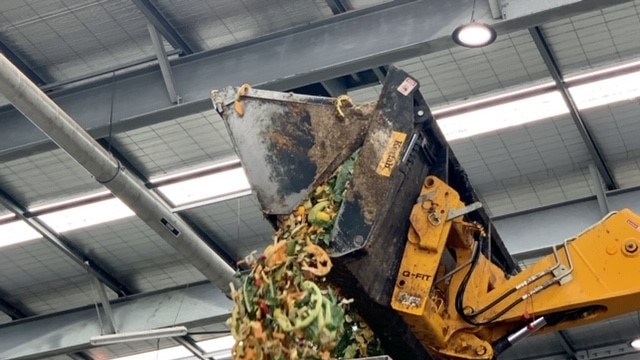 Food scraps including melon rinds and pineapple tops are dumped into the mouth of the waste to energy plant.