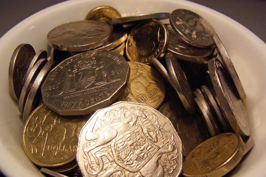 Australian coins in a bowl