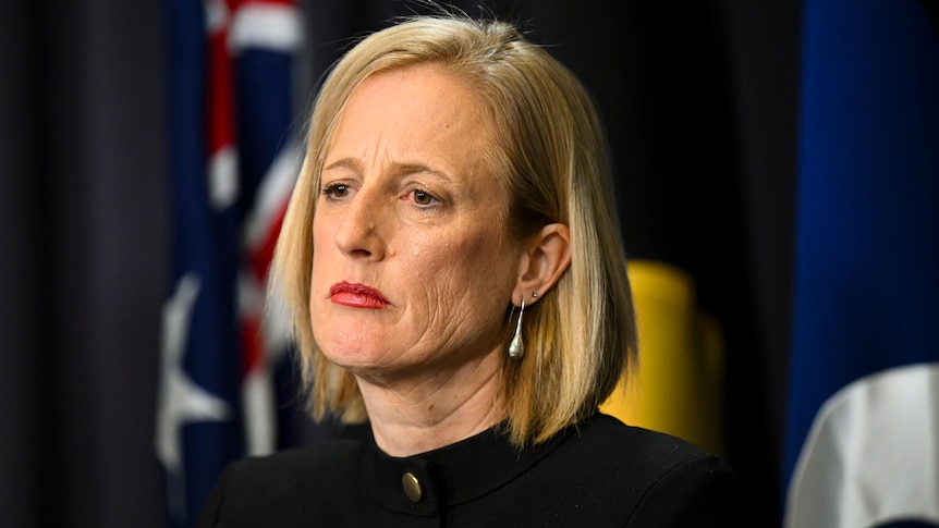 finance minister katy gallagher looks on during a press conference with a serious expression on her face