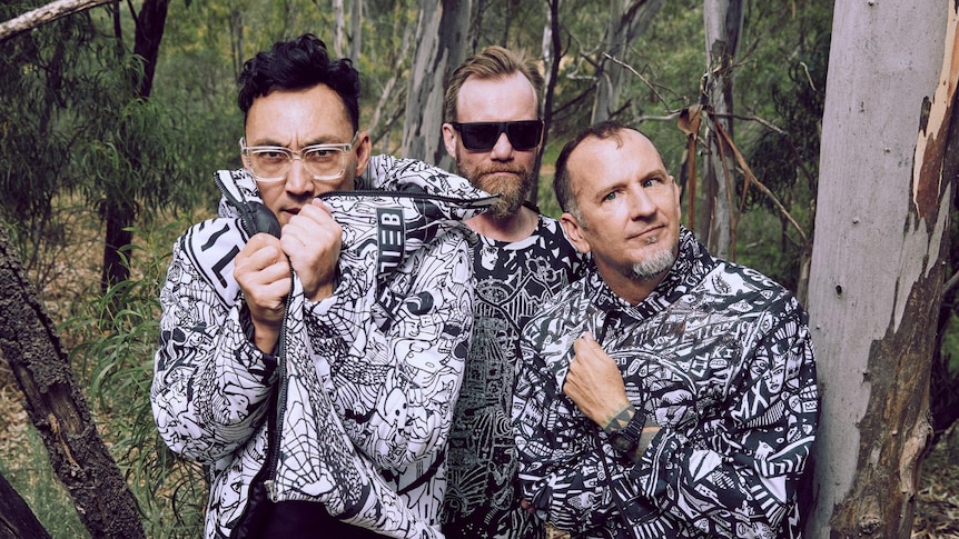 The 3 members of Regurgitator stand close together in an Australian parkland surrounded by native trees
