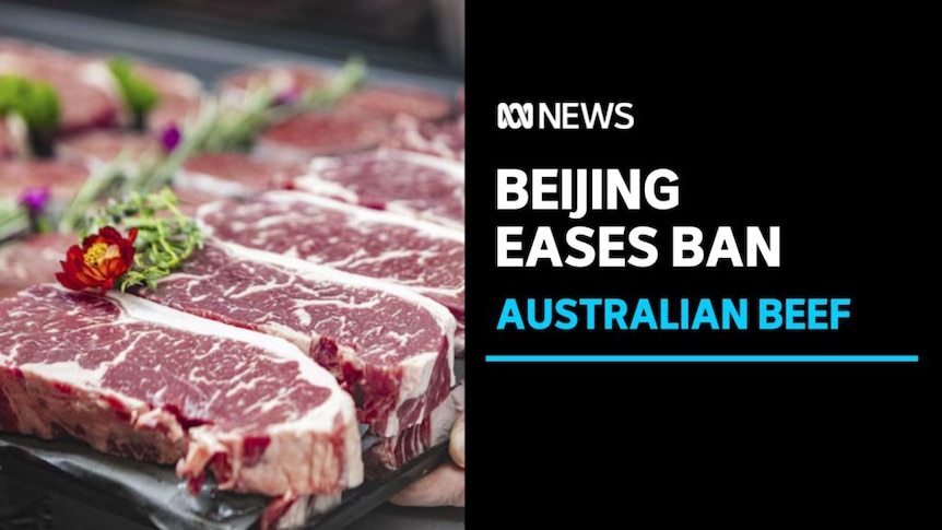 Beijing eases Ban, Australian Beef: A row of steaks addorned with decorative flowers.
