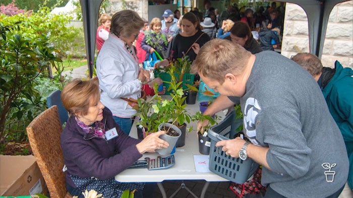 People with pot plants gathering around table under a gazebo
