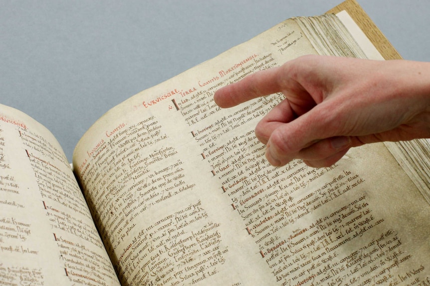 An up close view of the Domesday Book.