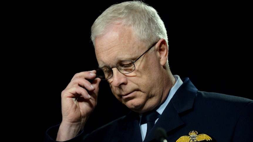 Chief of the Defence Force, Air Chief Marshal Mark Binskin, pauses for a moment during a press conference.