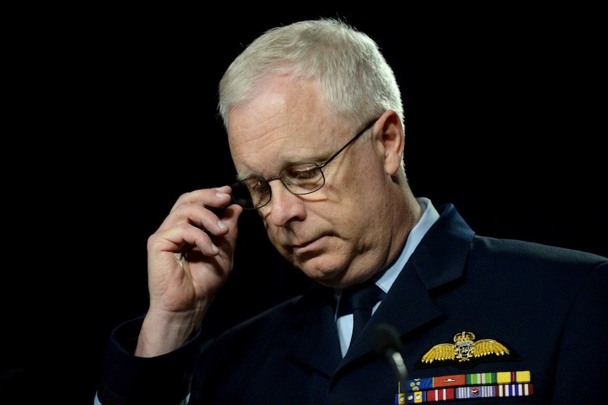 Chief of the Defence Force, Air Chief Marshal Mark Binskin, pauses for a moment during a press conference.