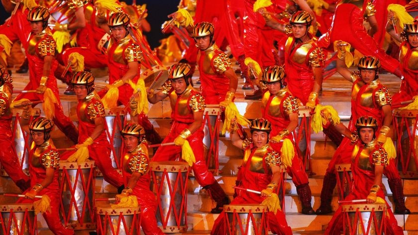 Drummers perform at the closing ceremony for the Beijing Olympic Games