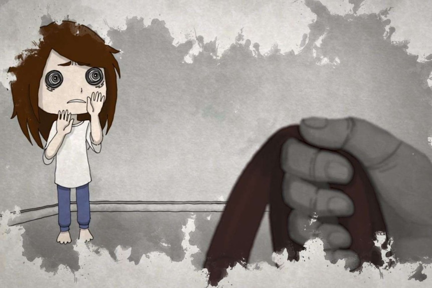 An animated image of a young female character looking with fear at a male hand holding a coiled-up belt.