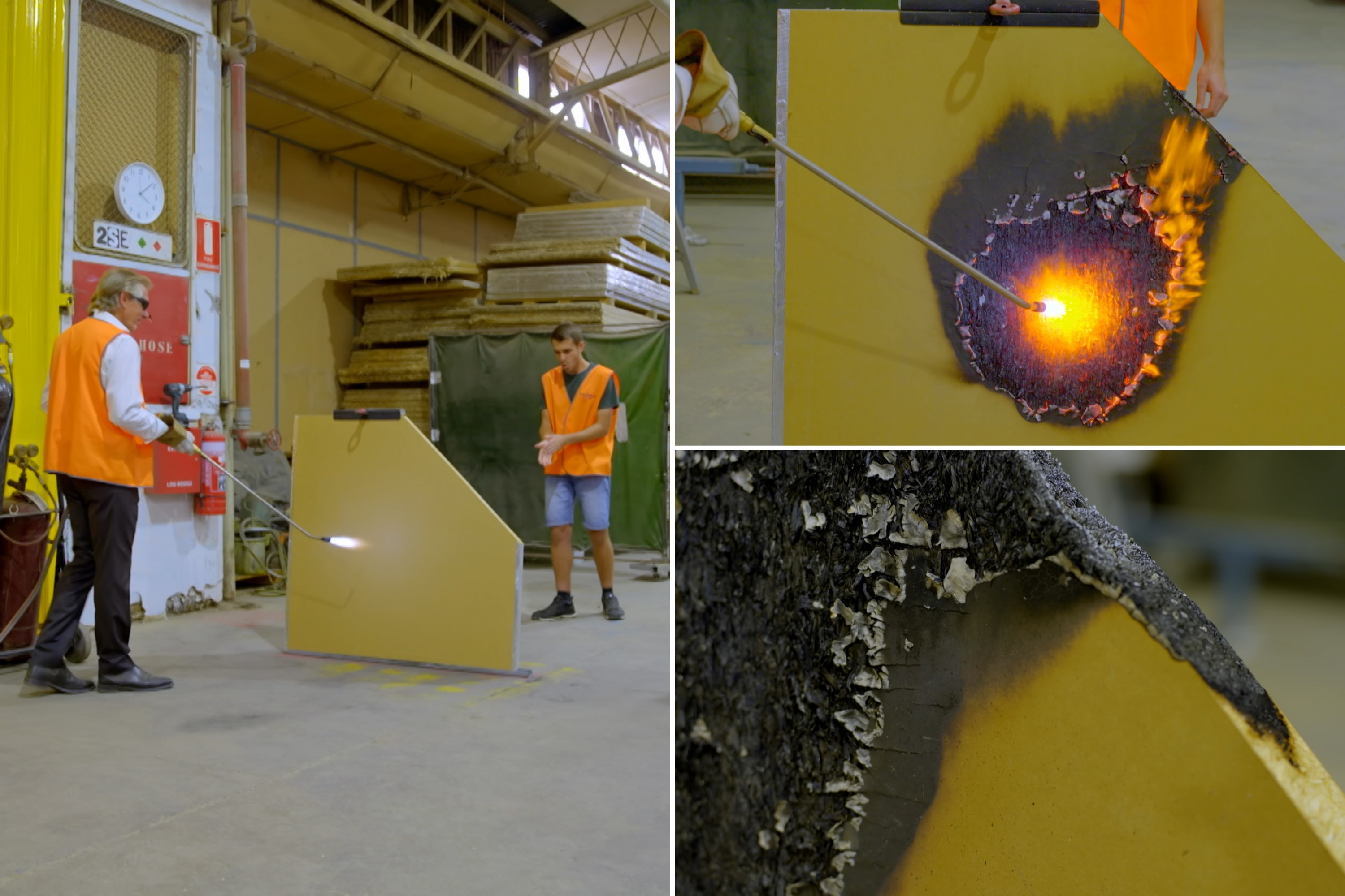 A composite of three photos showing a blow torch against a straw panel and how it incinerates but doesn't catch fire