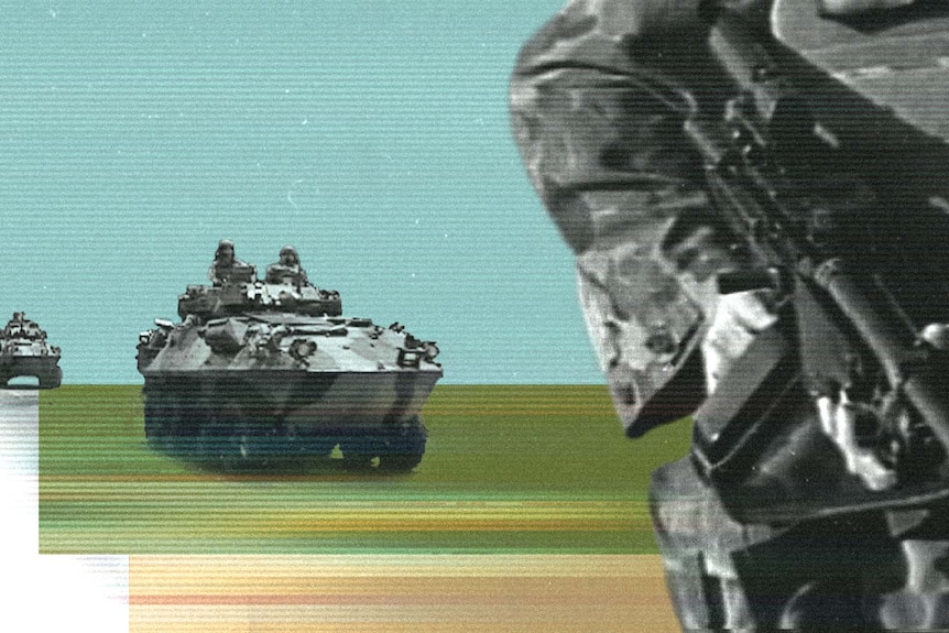 A graphic composite image of an Australian soldier holding a rifle as two army vehicles drive by.