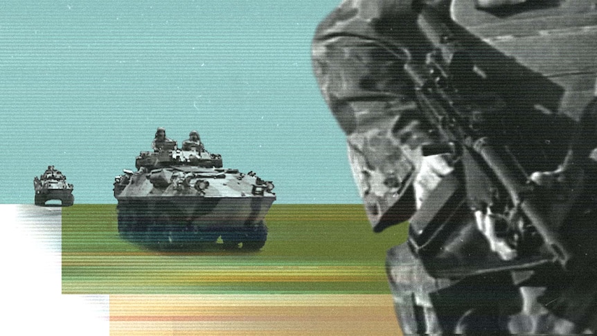 A graphic composite image of an Australian soldier holding a rifle as two army vehicles drive by.