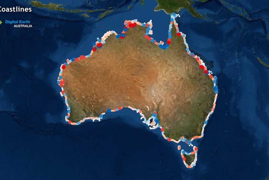 A map of Australia highlighting red and blue to mark erosion hot spots