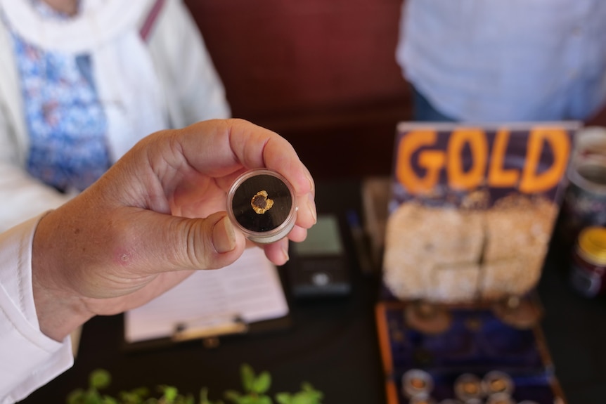 Hand holding a small gold nugget in a clear box