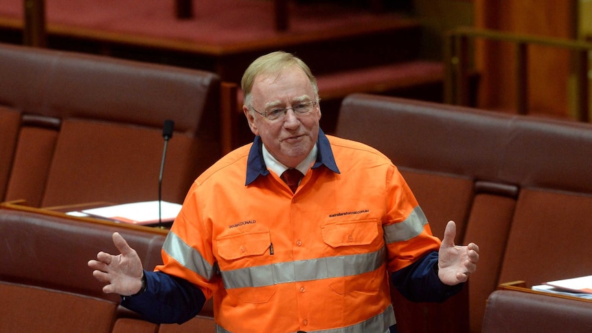 Senator Ian Macdonald speaking in parliament while wearing a bright-coloured mining shirt.