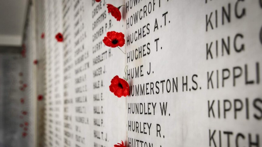 The wall of names with poppies at Kings Park State War Memorial