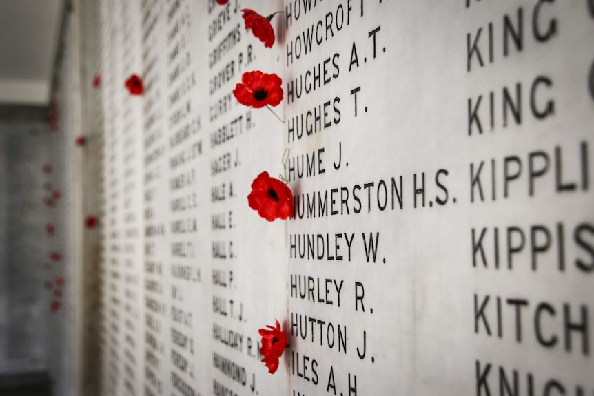 The wall of names with poppies at Kings Park State War Memorial