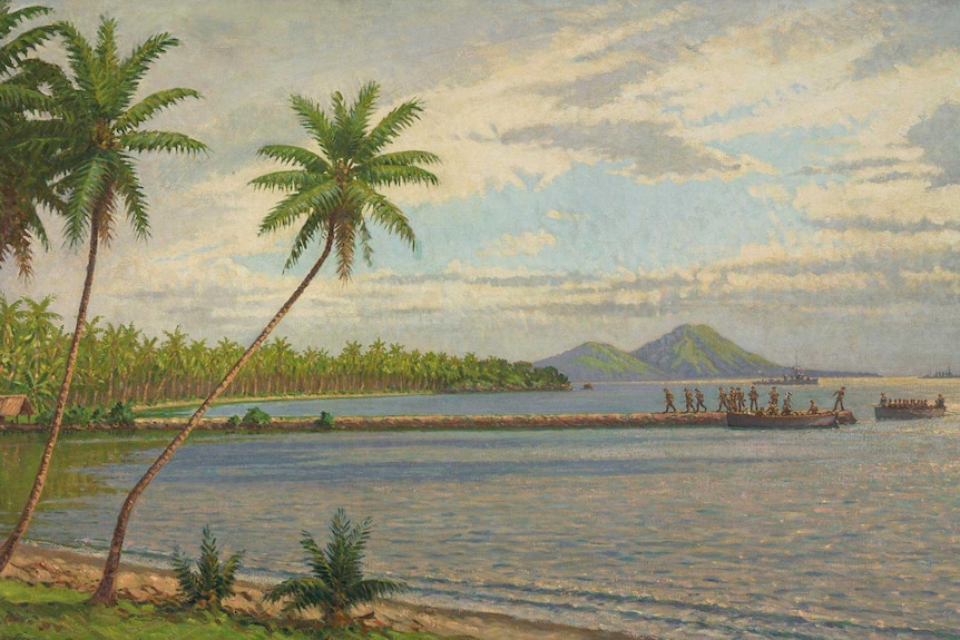 War artist's depiction of landing of Australian forces near Rabaul, 1914