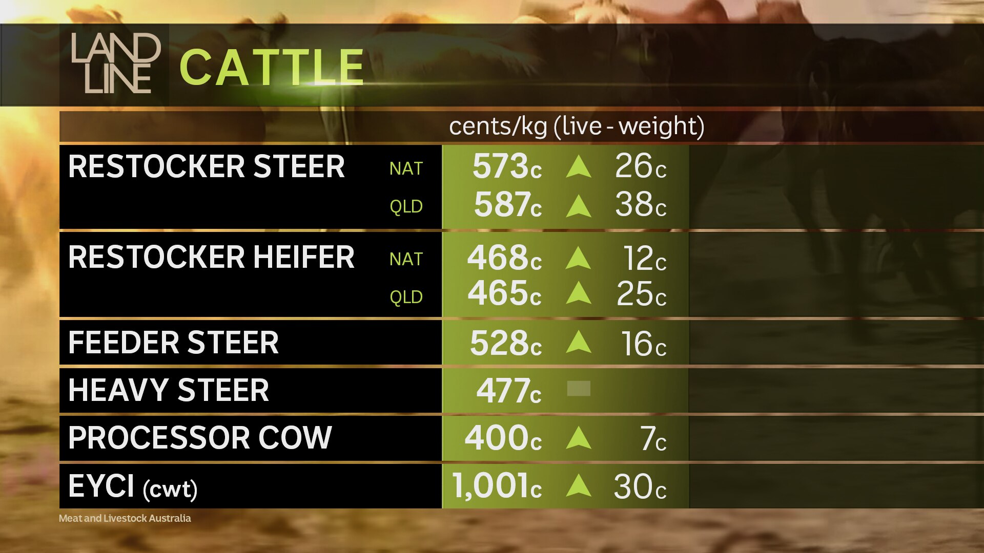 Cattle prices for the week showing an upward trend.