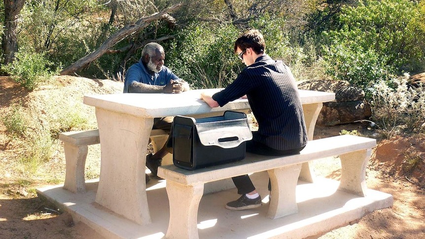 Badimaya language specialist Ollie George with linguist James Bednall