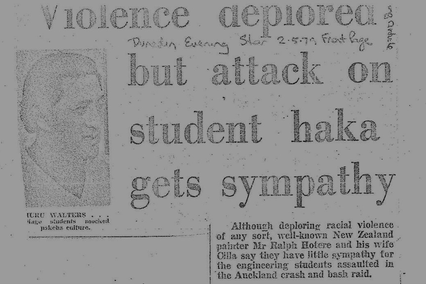 A scan of an old newspaper article titled: Violence deplored but attack on student haka gets sympathy.