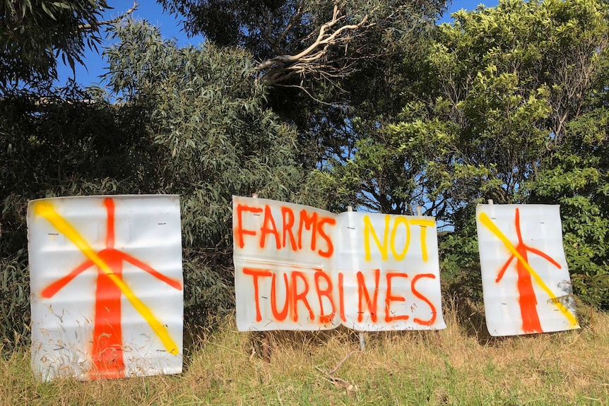 Hand-made signs that read 'farms not turbines' sit are posted in grass in front of bush.