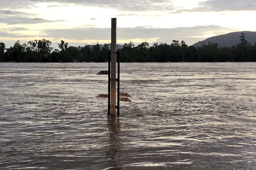 Flood gauge showing 8.7 metres in the Fitzroy River in Rockhampton