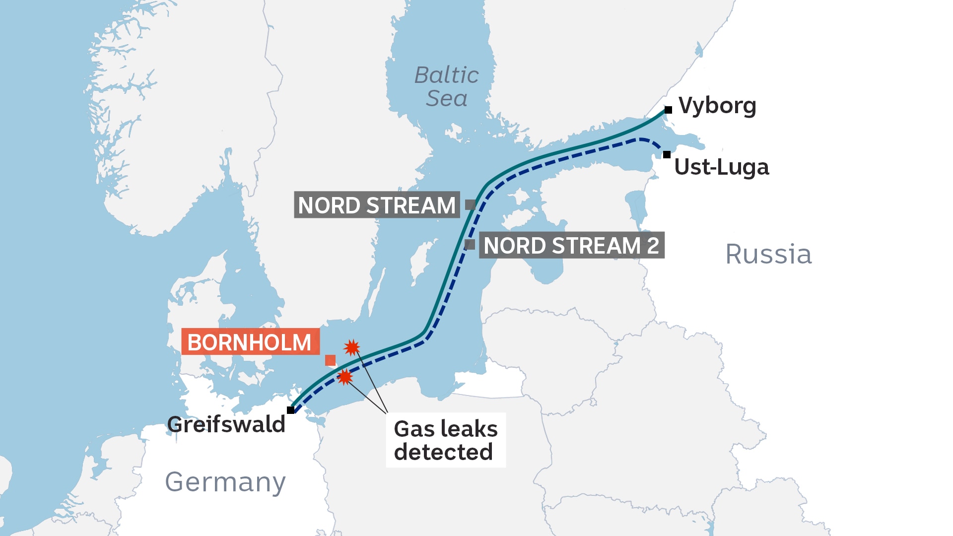 A map showing the Nord Stream pipelines and where they were sabotaged.