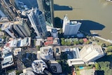 Drone image over Brisbane city revealing thousands of people on the streets.