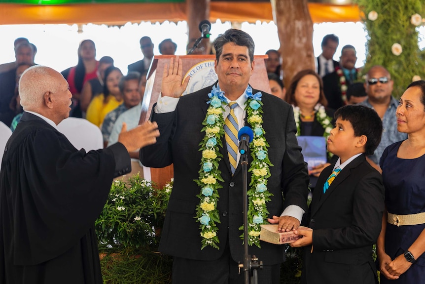 New Palau President Surangel Whipps Jr being sworn in 21 January 2021.
