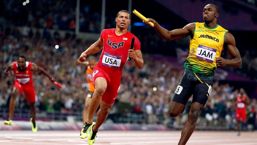 Usain Bolt celebrates after Jamaica won the men's 4x100m relay final.