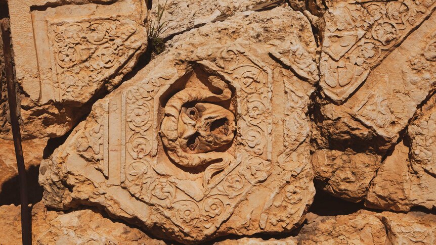 Carvings at the Roman ruins in Baalbek.