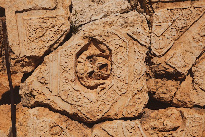 Carvings at the Roman ruins in Baalbek.
