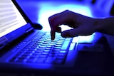 Hand typing on laptop in blue light