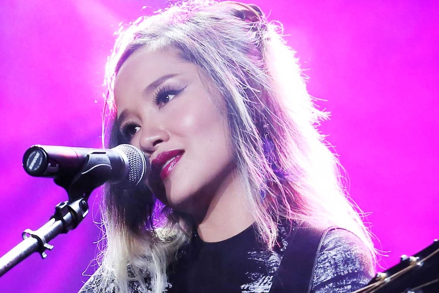 Pink-haired pop star Mai Khoi, performs at a concert in Ho Chi Minh City.