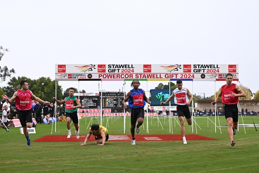 Six men sprint across the finish line of a race on a grass track. One of the men has fallen on the ground.