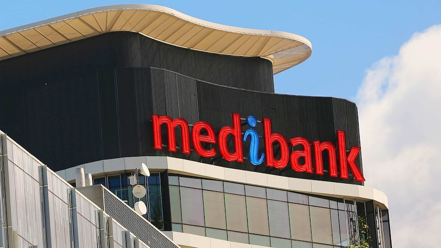 Medibank signage sits on top of the Medibank building in Melbourne.