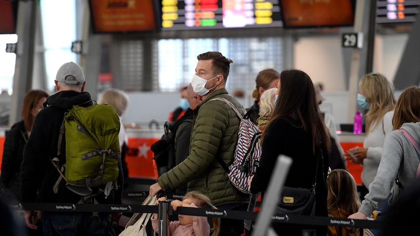 A large number of people in a queue with luggage 