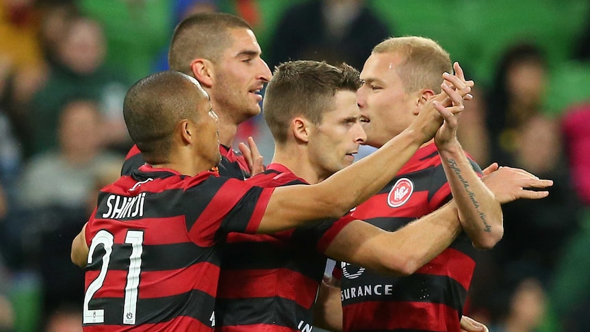 Wanderers celebrate Shannon Cole's goal against Melbourne Heart