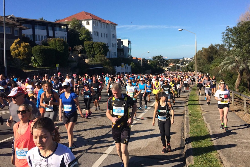 Runners tackle Heartbreak Hill in the 2017 City to Surf from Sydney's CBD to Bondi Beach.