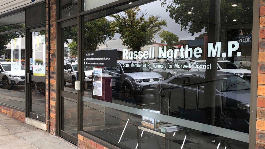 A window of Russell Northe's electorate office