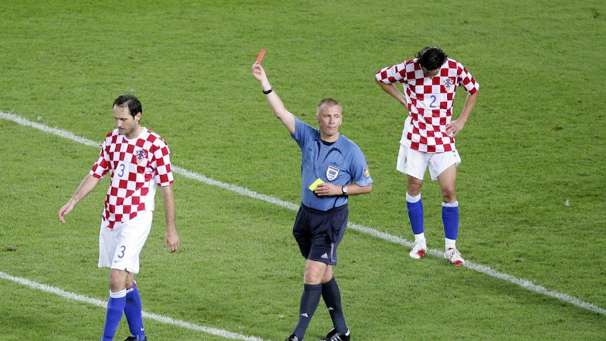 Croatia's Josip Simunic is sent off  in the 2006 World Cup match against Australia.