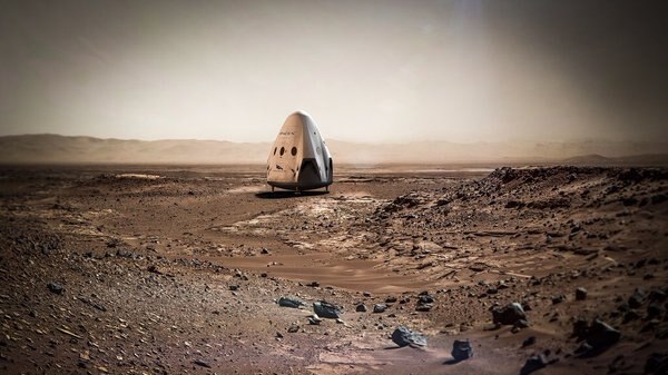 A digital image of SpaceX's lander sitting on Mars