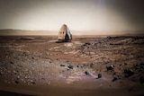 A digital image of SpaceX's lander sitting on Mars